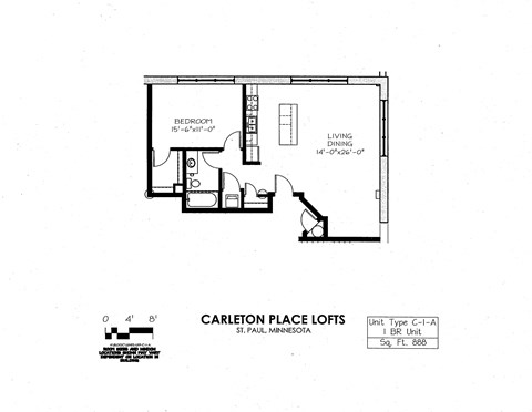 Floor plan for 1 bed, 1 bath, 888 sqft